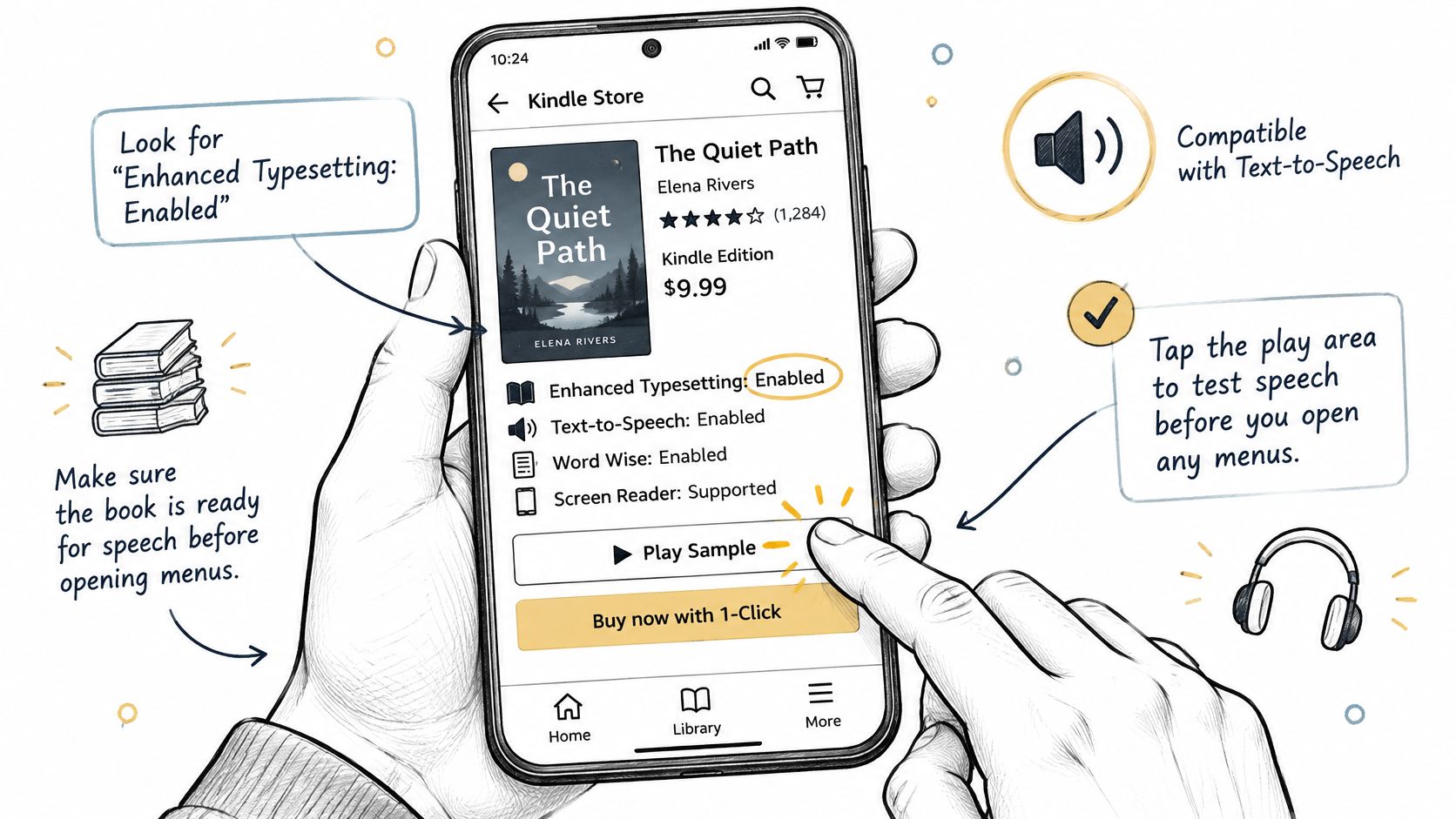 A hand holding a smartphone displaying Kindle store details including text-to-speech features and a play sample button.