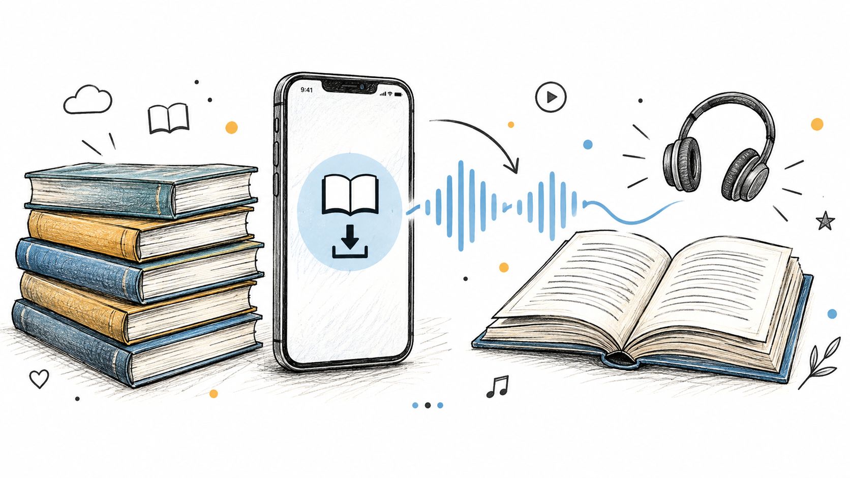 A smartphone downloading audiobooks with a stack of books and headphones to illustrate listening to digital content.