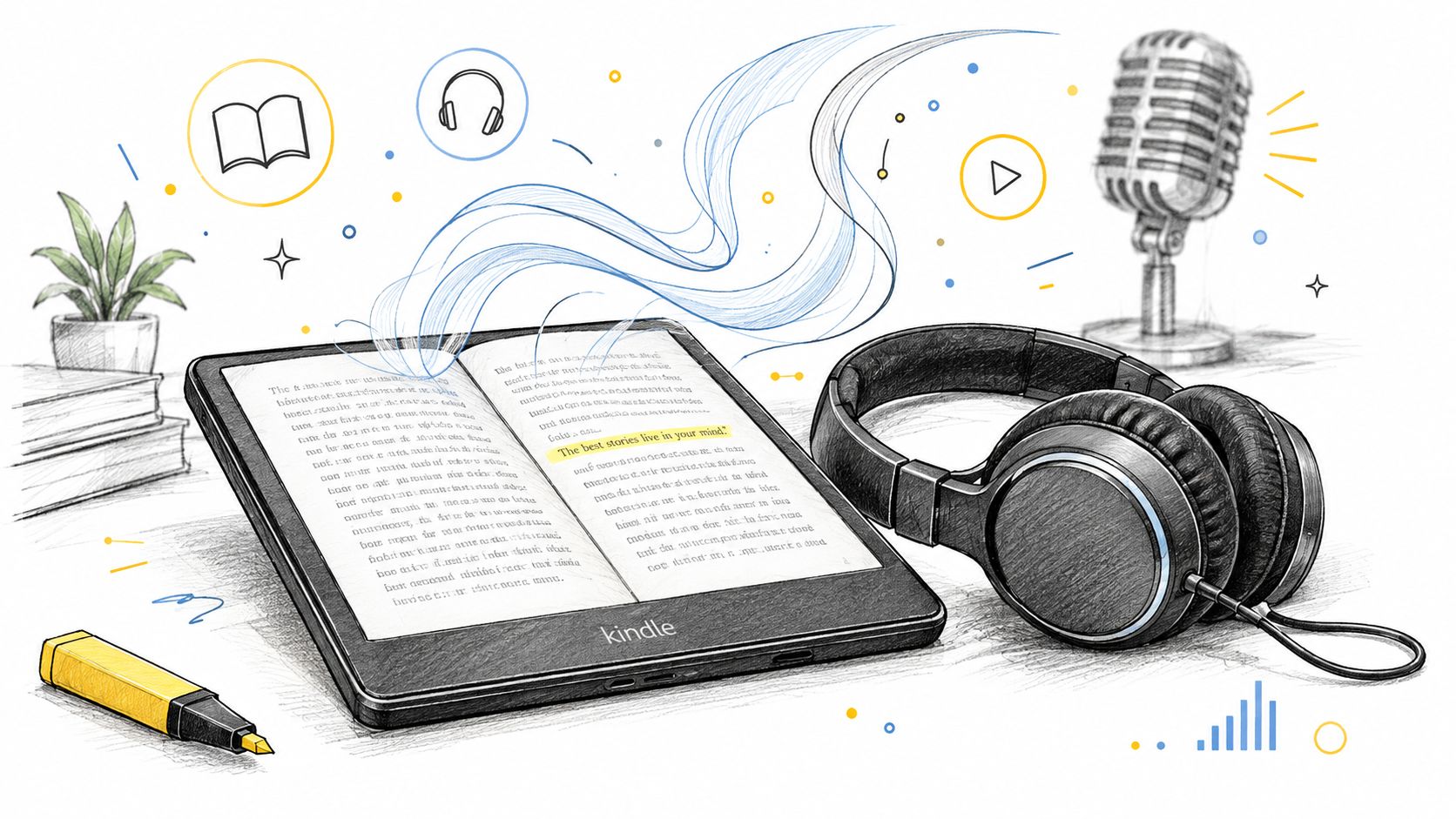 A digital illustration showing a Kindle reader with headphones and a microphone, representing audiobooks and digital reading.