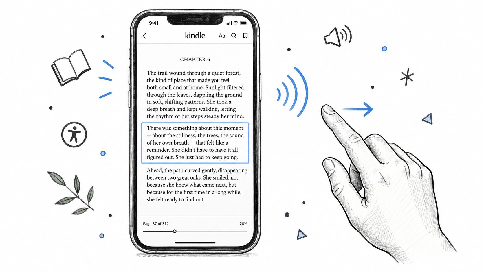 A hand gesture points to a highlighted paragraph on a Kindle app interface displayed on an iPhone.